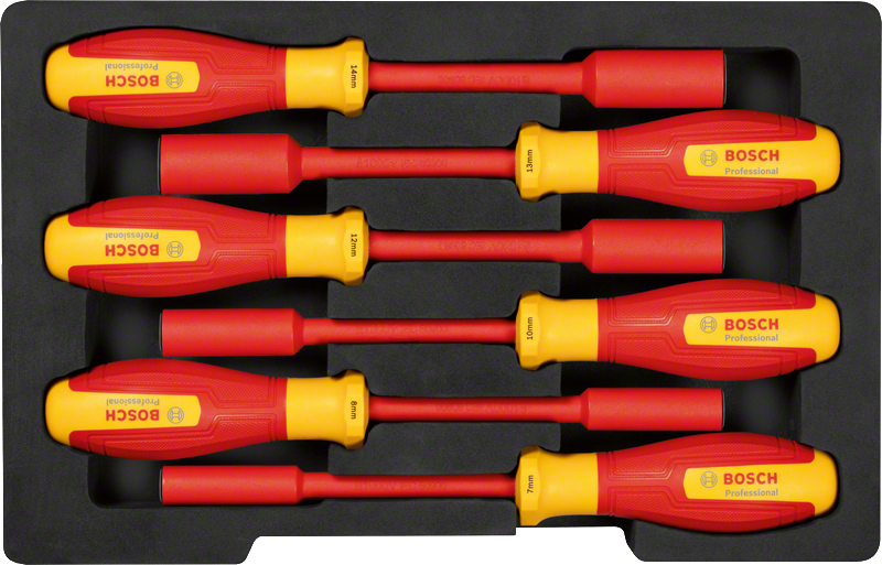 Bộ cờ lê ổ cắm Bosch VDE 6 món trong khay xốp.