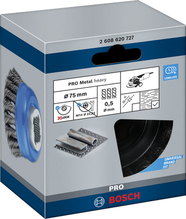 Bàn chải tròn X-Lock PRO Metal heavy, 75 x 0,5 mm Chổi quét chén Bosch PRO Metal Heavy X-Lock 75×0,5 mm.