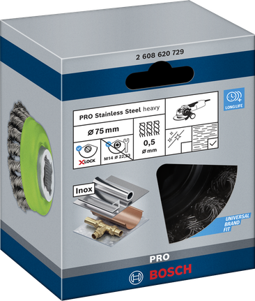 Bàn chải tròn X-Lock PRO Stainless Steel heavy, 75 x 0,5 mm Chổi lau chén bằng thép không gỉ Bosch PRO X-Lock 75×0,5 mm.