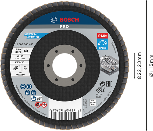 Đĩa nhám xếp PRO X571, 115 mm, G40 Đĩa phanh Bosch PRO X571 góc 115mm G40 dành cho kim loại.