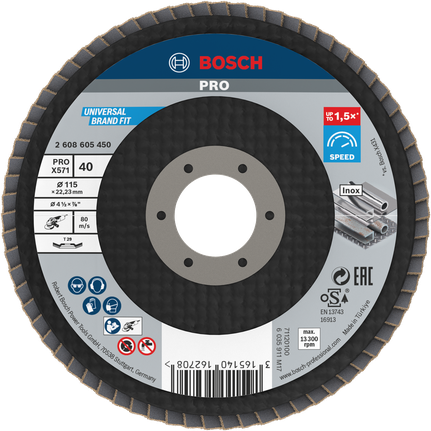 Đĩa nhám xếp PRO X571, 115 mm, G40 Đĩa cắt Bosch PRO X571 góc 115mm G40 dành cho thép không gỉ.