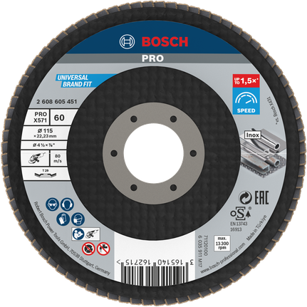 Đĩa nhám xếp PRO X571, 115 mm, G60 Đĩa mài Bosch PRO X571 115 mm G60 dùng để mài kim loại.
