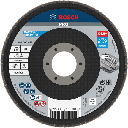 Đĩa nhám xếp PRO X571, 115 mm, G80 Đĩa mài góc Bosch PRO X571 có độ nhám 115mm 80.