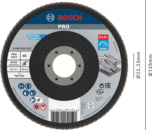 Đĩa nhám xếp PRO X571, Góc, 125 mm, G40 Đĩa mài Bosch PRO X571 góc cạnh 125 mm, độ nhám 40.