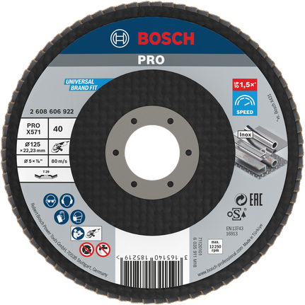 Đĩa nhám xếp PRO X571, Góc, 125 mm, G40 Đĩa mài góc Bosch PRO X571 có độ nhám 125 mm, 40.