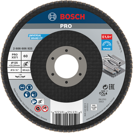 Đĩa nhám xếp PRO X571, Góc, 125 mm, G60 Đĩa mài Bosch PRO X571 125mm G60 dùng để mài kim loại.