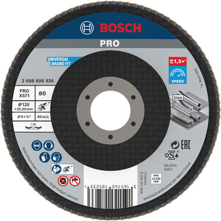 Đĩa nhám xếp PRO X571, Góc, 125 mm, G80 Đĩa mài góc Bosch PRO X571 có độ nhám 125mm 80.