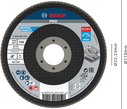 Đĩa nhám xếp PRO X571, Góc, 115 mm, G120 Đĩa phanh Bosch PRO X571 115mm G120 dành cho kim loại.