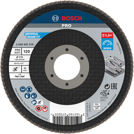 Đĩa nhám xếp PRO X571, Góc, 115 mm, G120 Đĩa cắt góc Bosch PRO X571 G120 115mm dành cho kim loại.