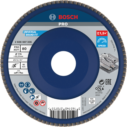 Đĩa nhám xếp PRO X571, Thẳng, 115 mm, G80 Đĩa phanh Bosch PRO X571 115 mm G80 dành cho Inox.