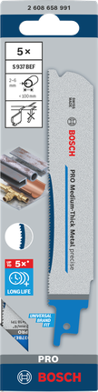 Lưỡi PRO Medium-Thick Metal precise S937BEF, 1,1 x 25 x 150 mm, 5 chiếc Lưỡi dao Bosch PRO Medium-Thick Metal 5× S937BEF 1,1×25×150 mm.