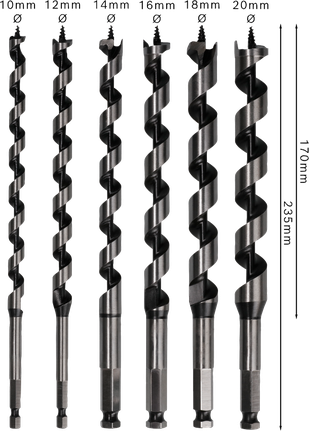 Bộ mũi khoan xoắn ốc PRO Wood, L235, 6 chiếc Bộ mũi khoan gỗ Bosch PRO L235, 6 kích cỡ để khoan.