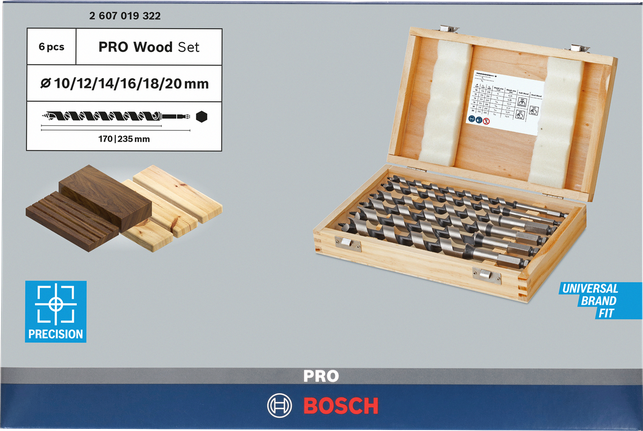 Bộ mũi khoan xoắn ốc PRO Wood, L235, 6 chiếc Bộ mũi khoan gỗ Bosch PRO 6 chiếc.