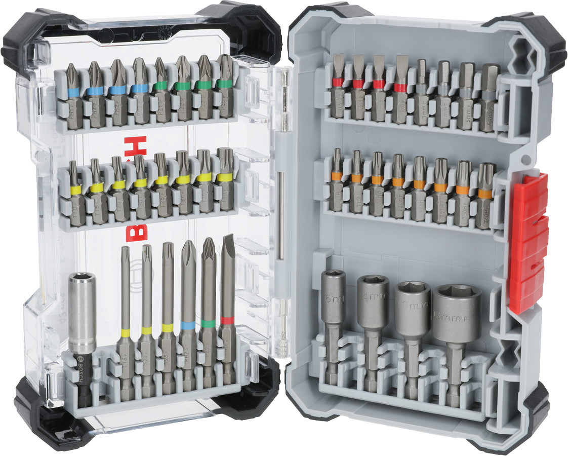 Bộ tua vít Bosch Extra Hard 43 chiếc trong hộp trưng bày.