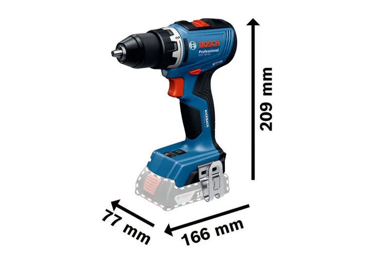 Máy khoan pin Bosch GSR 18V-65, nhỏ gọn 77x166x209 mm.