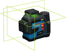 Máy cân bằng laser Bosch GLL 12V-100-33 CG có tia sáng màu xanh lá cây.