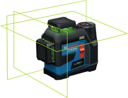 Máy cân bằng laser Bosch GLL 12V-100-33 CG có tia sáng màu xanh lá cây.