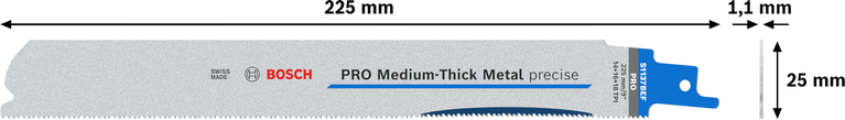 Lưỡi PRO Medium-Thick Metal precise S1137BEF, 1,1 x 25 x 225 mm, 5 chiếc Lưỡi dao Bosch PRO Medium-Thick Metal chính xác S1137BEF, 225 mm.