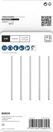 Lưỡi cưa lọng PRO Multi Material thick and thin T345XF, 132 mm, 5 chiếc Lưỡi cưa lọng Bosch PRO Multi Material T345XF 132mm 5 chiếc.