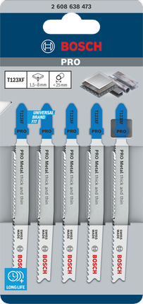 Lưỡi cưa lọng PRO Metal thick and thin T123XF, 100 mm, 5 chiếc Lưỡi cưa lọng Bosch PRO Metal dày và mỏng T123XF 100 mm 5 chiếc.