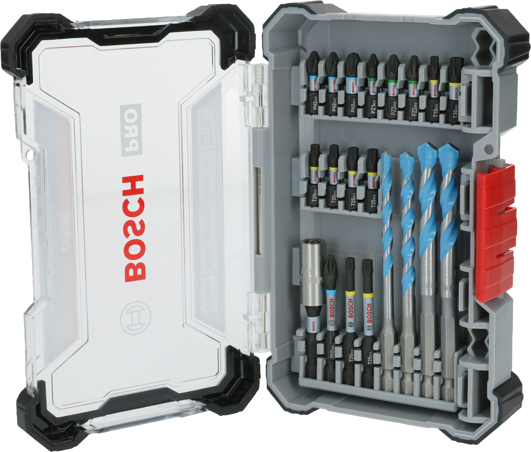 Bộ dụng cụ Bosch PRO Impact Mixed gồm 20 món với nhiều đầu mũi khoan khác nhau.