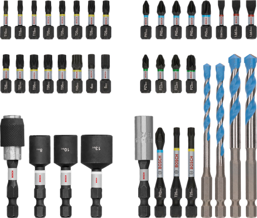 Bộ dụng cụ Bosch PRO Impact Mixed gồm 40 chi tiết, mũi khoan và đầu vặn vít được mã hóa màu.