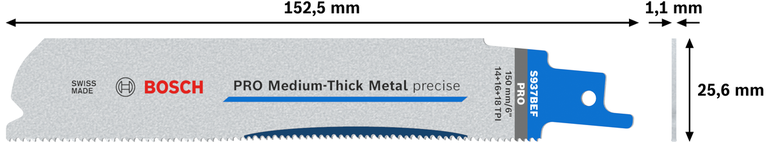 Lưỡi PRO Medium-Thick Metal precise S937BEF, 1,1 x 25 x 150 mm, 5 chiếc Lưỡi dao Bosch PRO Medium-Thick Metal chính xác S937BEF, 150 mm.