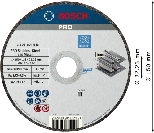 Đá cắt liên kết PRO Stainless Steel and Metal, 150 x 1,6 x 22,23 mm, thẳng Đĩa cắt kim loại và thép không gỉ Bosch PRO, 150 mm.