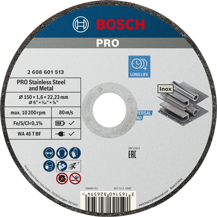 Đá cắt liên kết PRO Stainless Steel and Metal, 150 x 1,6 x 22,23 mm, thẳng Đĩa cắt kim loại và thép không gỉ Bosch PRO 150 mm.