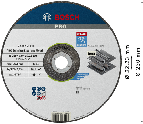 Đá cắt liên kết PRO Stainless Steel and Metal, 230 x 1,9 x 22,23 mm, lõm giữa Đĩa cắt kim loại và thép không gỉ Bosch PRO 230mm.