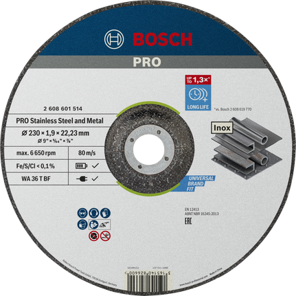 Đá cắt liên kết PRO Stainless Steel and Metal, 230 x 1,9 x 22,23 mm, lõm giữa Đĩa cắt kim loại và thép không gỉ Bosch PRO 230mm.