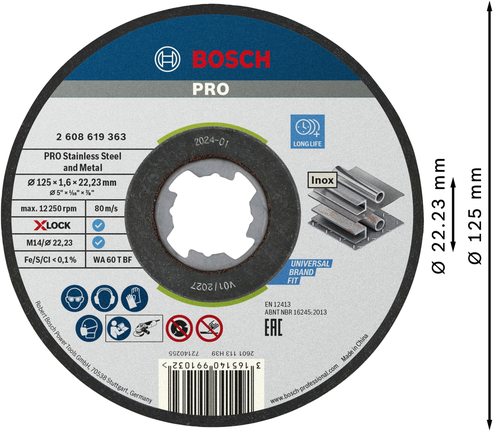 Đá cắt liên kết PRO Stainless Steel and Metal, 125 x 1,6 x 22,23 mm, X-Lock, thẳng Đĩa cắt bằng thép không gỉ Bosch PRO X-Lock 125 mm.