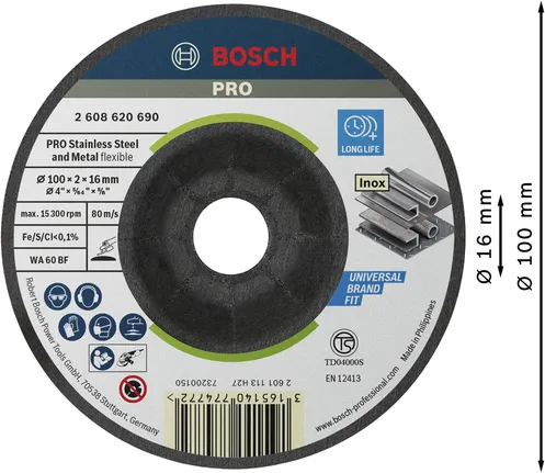 Đĩa mài bán linh hoạt Bosch PRO dành cho kim loại, 100 x 2 x 16 mm.