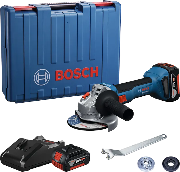 Bộ máy mài góc dùng pin Bosch GWS 18V-8 có hộp đựng.