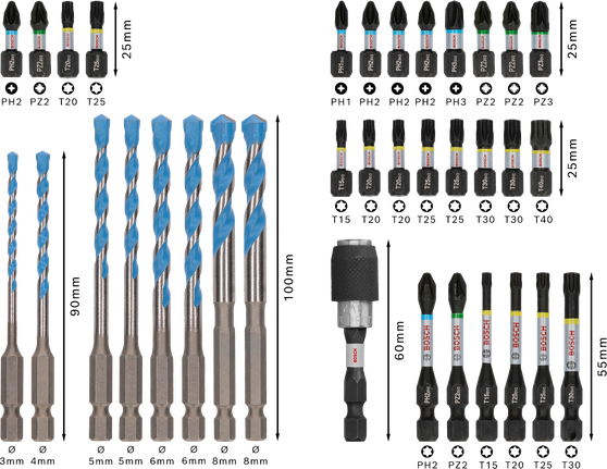 PRO Impact Mixed Set, 35 chiếc Bộ dụng cụ Bosch PRO Impact Mixed 35 món kèm mũi khoan và mũi vặn vít.