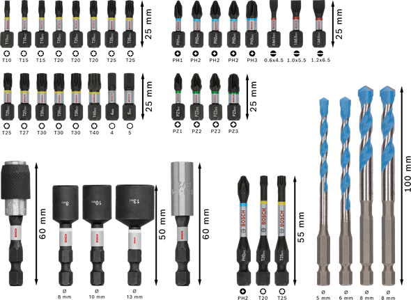 Bộ dụng cụ Bosch PRO Impact Mixed 40 món kèm mũi khoan và mũi vặn vít.
