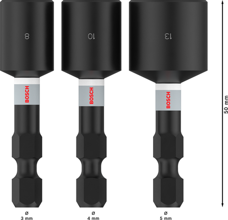 PRO Nutsetter Impact, 8 x 50, 10 x 50, 13 x 50 mm, 3 chiếc Bộ dụng cụ siết bu lông Bosch PRO Nutsetter 8, 10, 13 mm 50 mm.