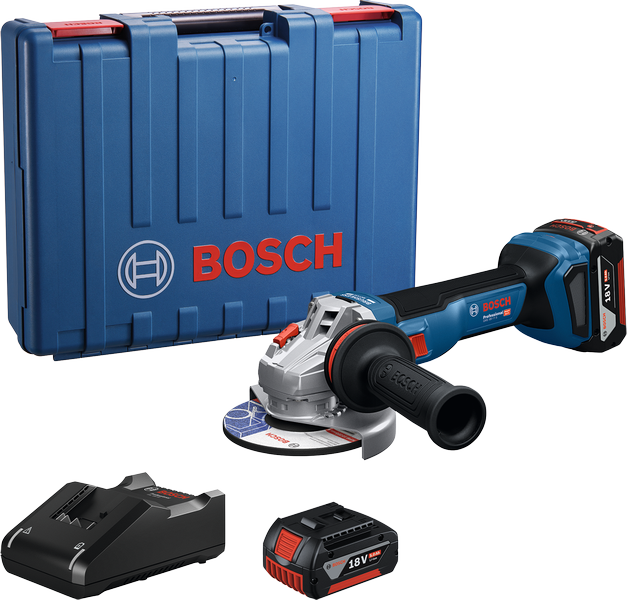 Máy mài góc Bosch GWS 18V-11 kèm hộp đựng, pin và bộ sạc.