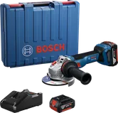 Máy mài góc Bosch GWS 18V-11 kèm hộp đựng, pin và bộ sạc.