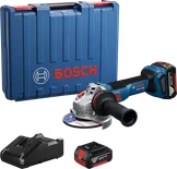Máy mài góc Bosch GWS 18V-11 kèm hộp đựng, pin và bộ sạc.