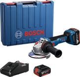Máy mài góc Bosch GWS 18V-11 kèm hộp đựng, pin và bộ sạc.