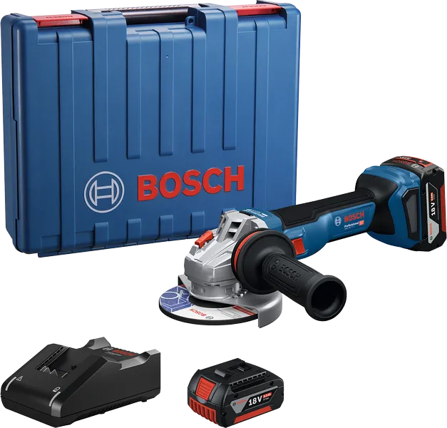 Máy mài góc Bosch GWS 18V-11 kèm hộp đựng, pin và bộ sạc.