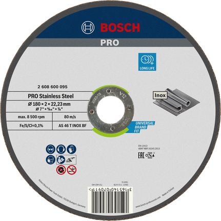 Đá cắt PRO Stainless Steel, 180 x 2 x 22,23 mm Đĩa cắt thép không gỉ Bosch PRO 180x2x22,23 mm.