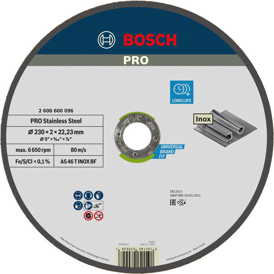 Đĩa cắt thép không gỉ Bosch PRO có tuổi thọ dài 230 mm.
