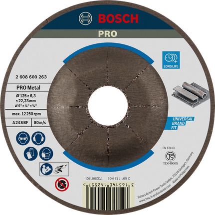 Đĩa mài kim loại Bosch PRO 125 mm cho tuổi thọ cao.