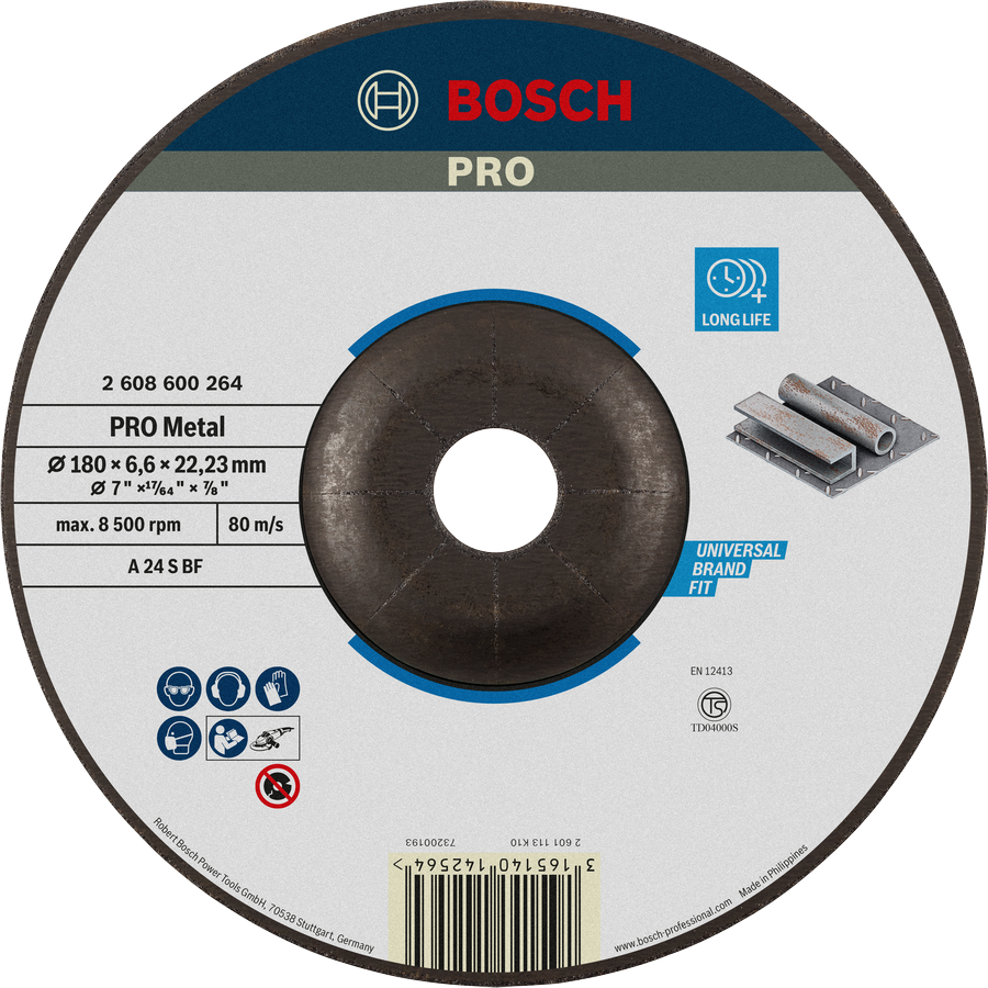 Đĩa mài kim loại Bosch PRO A 24 S BF, 180 mm, tuổi thọ cao.