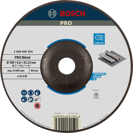 Đĩa mài PRO Metal, A 24 S BF, 180 x 6,6 x 22,23 mm, lõm giữa Đĩa mài kim loại Bosch PRO A 24 S BF, 180 mm, tuổi thọ cao.