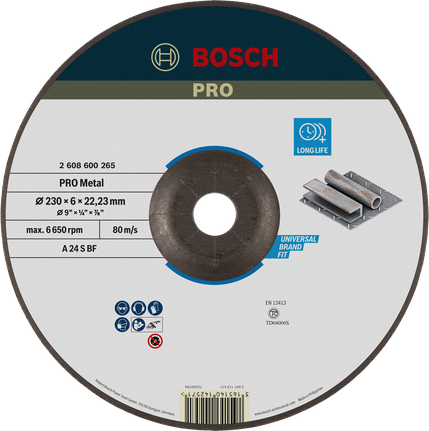 Đĩa mài PRO Metal, 230 x 6 x 22,23 mm Đĩa mài kim loại Bosch PRO có tuổi thọ dài 230 mm.