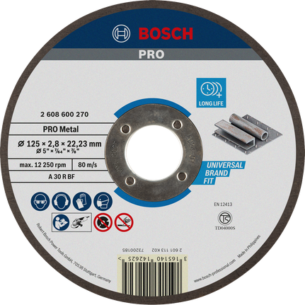Đá cắt PRO Metal, 125 x 3 x 22,23 mm Đĩa cắt kim loại Bosch PRO 125 mm cho tuổi thọ cao.