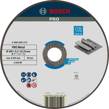 Đá cắt PRO Metal, 180 x 3 x 22,23 mm Đĩa cắt kim loại Bosch PRO 180 x 3 x 22,23 mm, tuổi thọ cao.